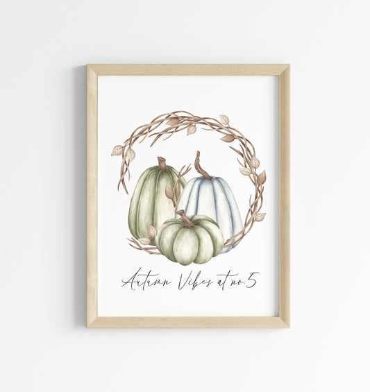 Autumn vibes at no. personalised watercolour blue green brown pumpkin wreath unframed wall art poster print