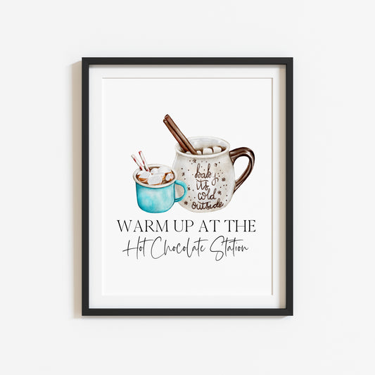 Warm up at the Hot chocolate station cute chocolate blue cup watercolour hot drink xmas seasonal unframed wall art poster print