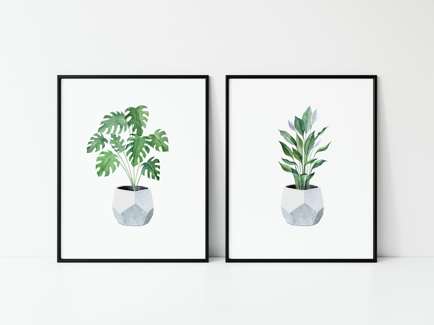 Set of 2 plant prints, watercolour plants in blue pots illustrations unframed wall art poster prints