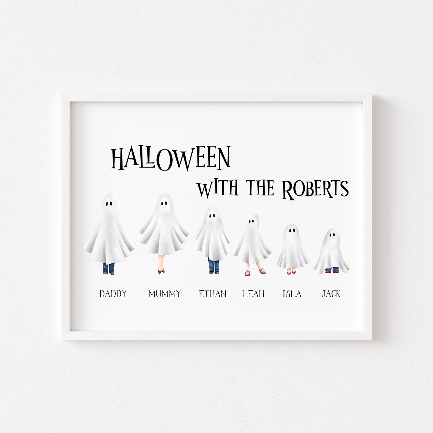 Family spooky ghost personalised print, choose your own, halloween costumes seasonal personalised unframed wall art poster print, ghosts art
