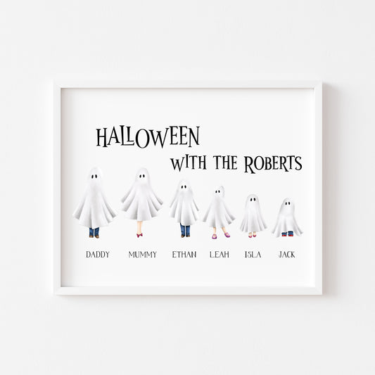 Family spooky ghost personalised print, choose your own, halloween costumes seasonal personalised unframed wall art poster print, ghosts art