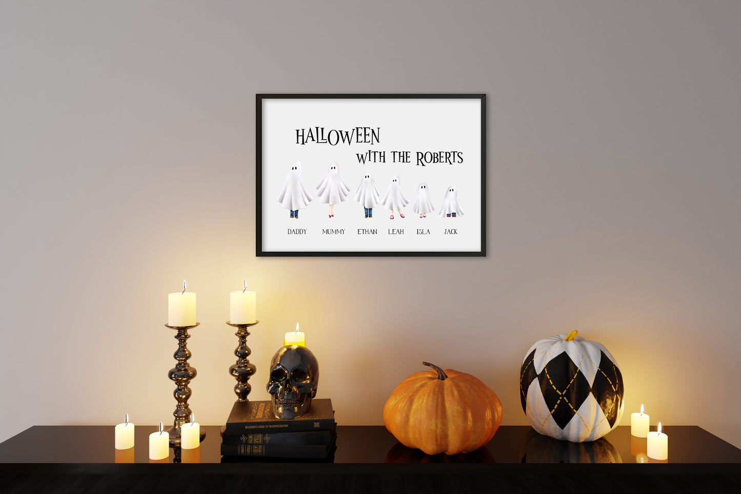 Family spooky ghost personalised print, choose your own, halloween costumes seasonal personalised unframed wall art poster print, ghosts art