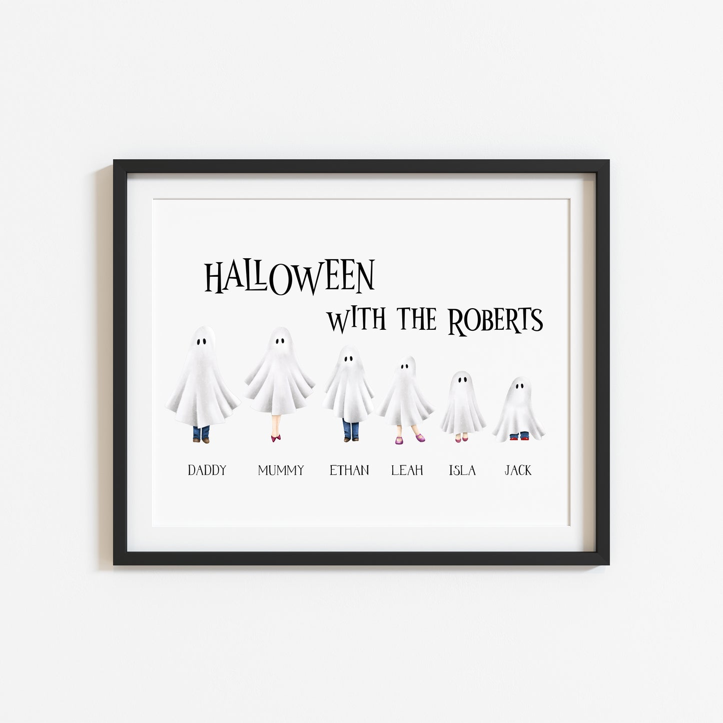 Family spooky ghost personalised print, choose your own, halloween costumes seasonal personalised unframed wall art poster print, ghosts art
