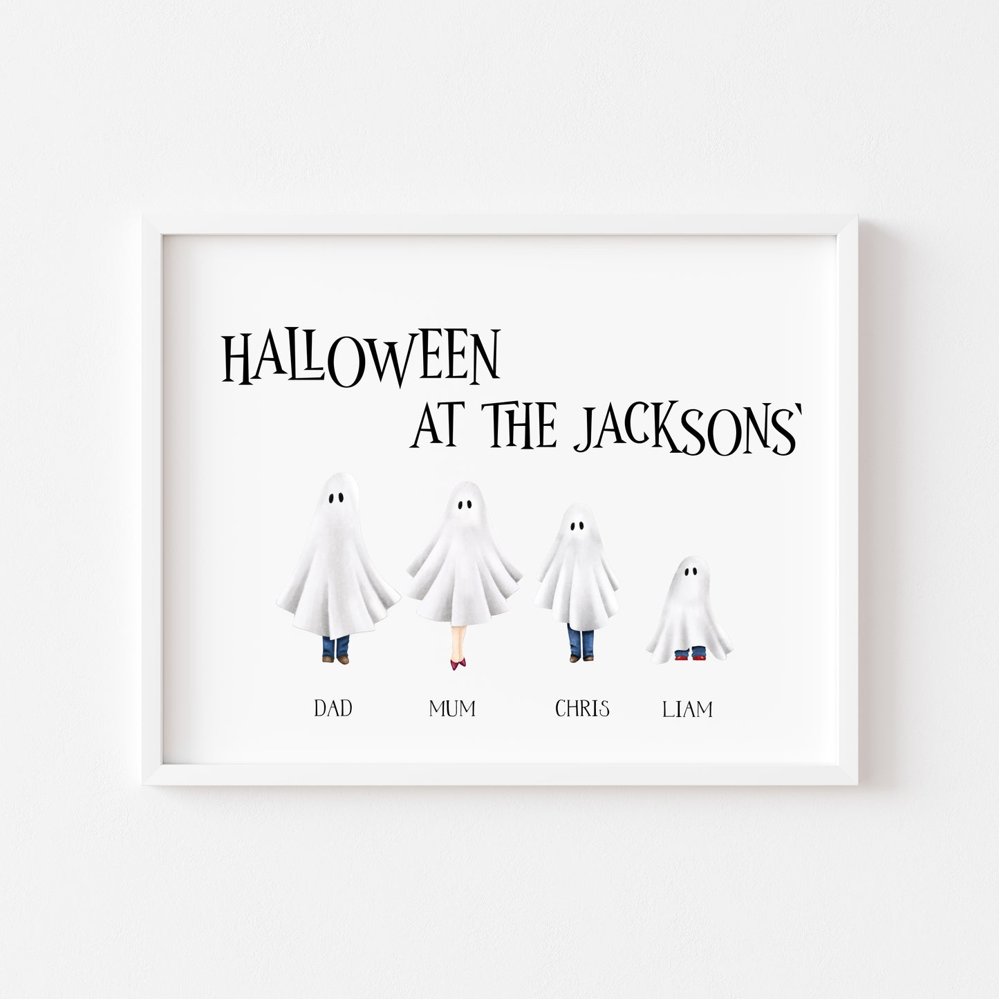Family spooky ghost personalised print, choose your own, halloween costumes seasonal personalised unframed wall art poster print, ghosts art