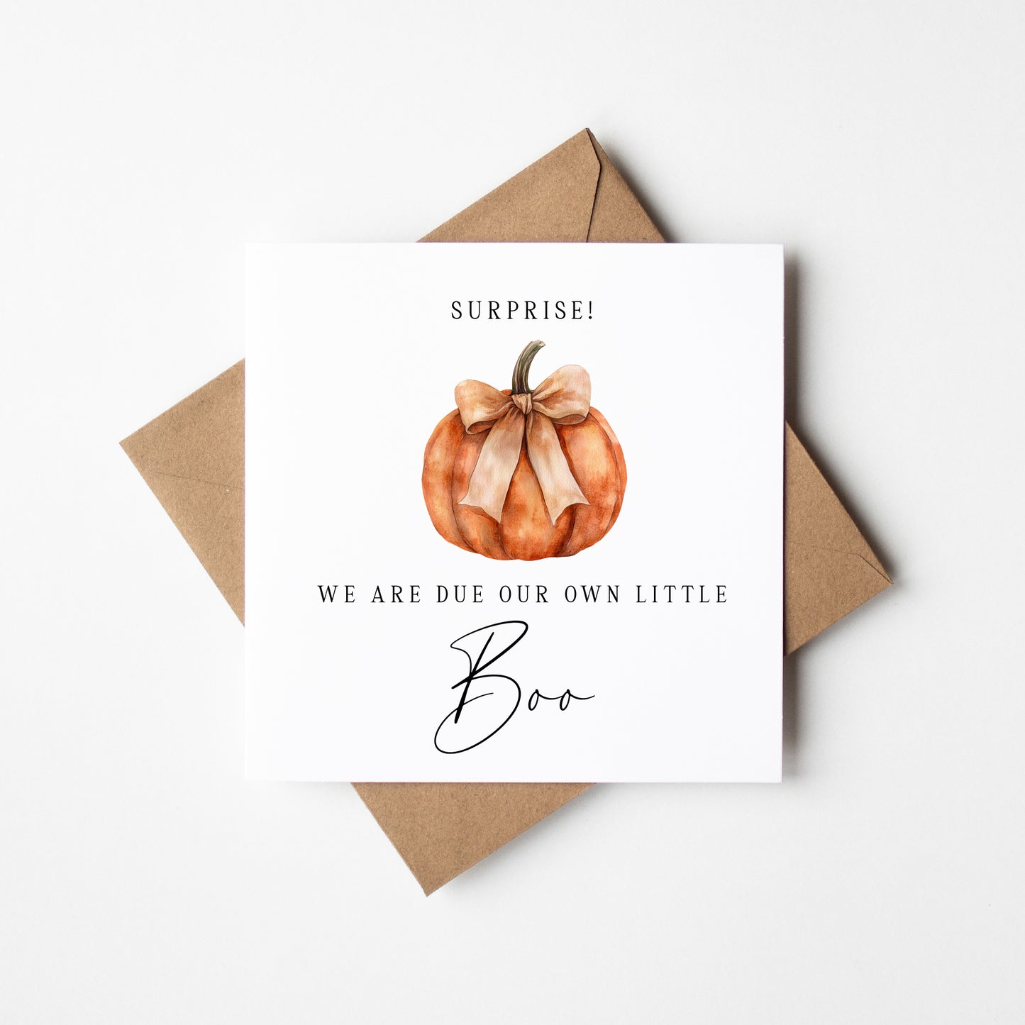 Baby Boo due, Surprise fall pumpkin Autumn seasonal surprise baby announcement card with envelope, new baby due, pumpkin baby boo due card