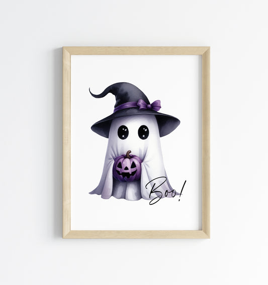 Boo cute purple watercolour ghost witch hat seasonal unframed wall art poster print print