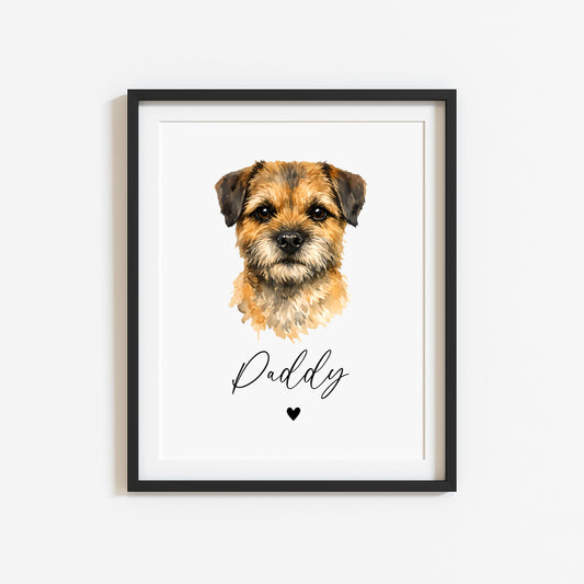 Personalised Border Terrier Dog Print Custom Name Pet portrait watercolour unframed wall art