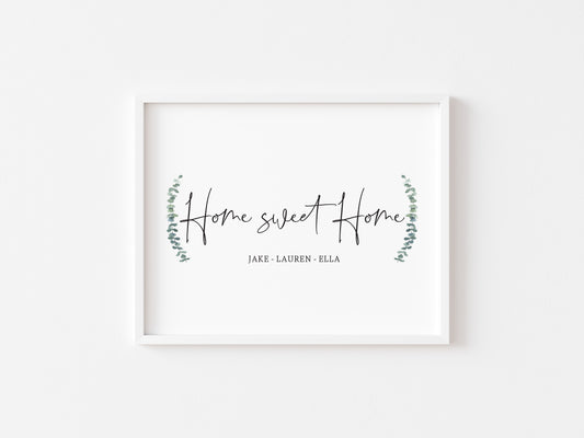 Home sweet home botanical personalised names and or dates bedroom, couples wall art unframed poster print