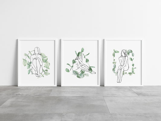 Set of 3 bathroom prints relax soak unwind eucalyptus plant woman body line drawing set wall art poster unframed prints