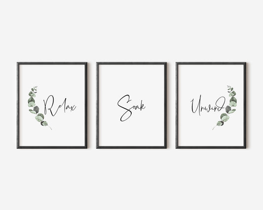 Set of 3 bathroom prints, relax soak unwind botanical bathroom washroom unframed wall art poster prints