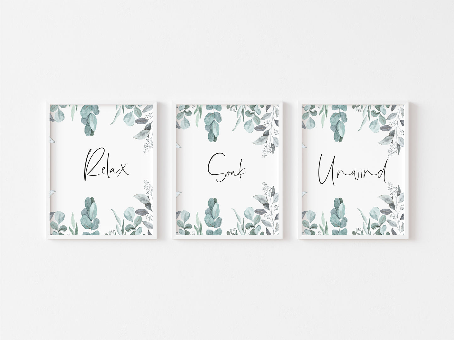Set of 3 bathroom prints relax soak unwind eucalyptus plant set wall art poster unframed prints