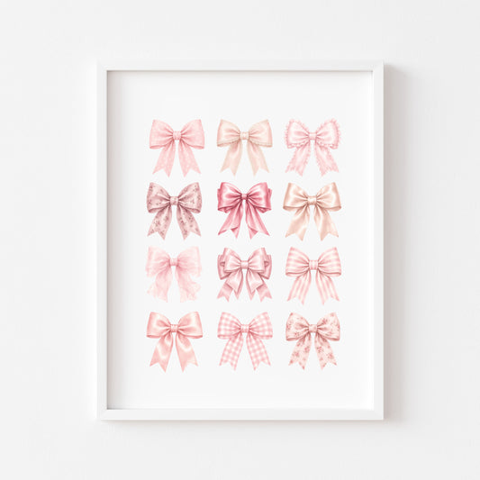 Pretty pink Bows print, watercolour girls bedroom unframed wall art poster print