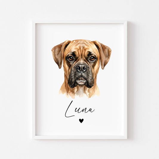 Personalised Boxer Print Custom Name Dog watercolour unframed wall art poster