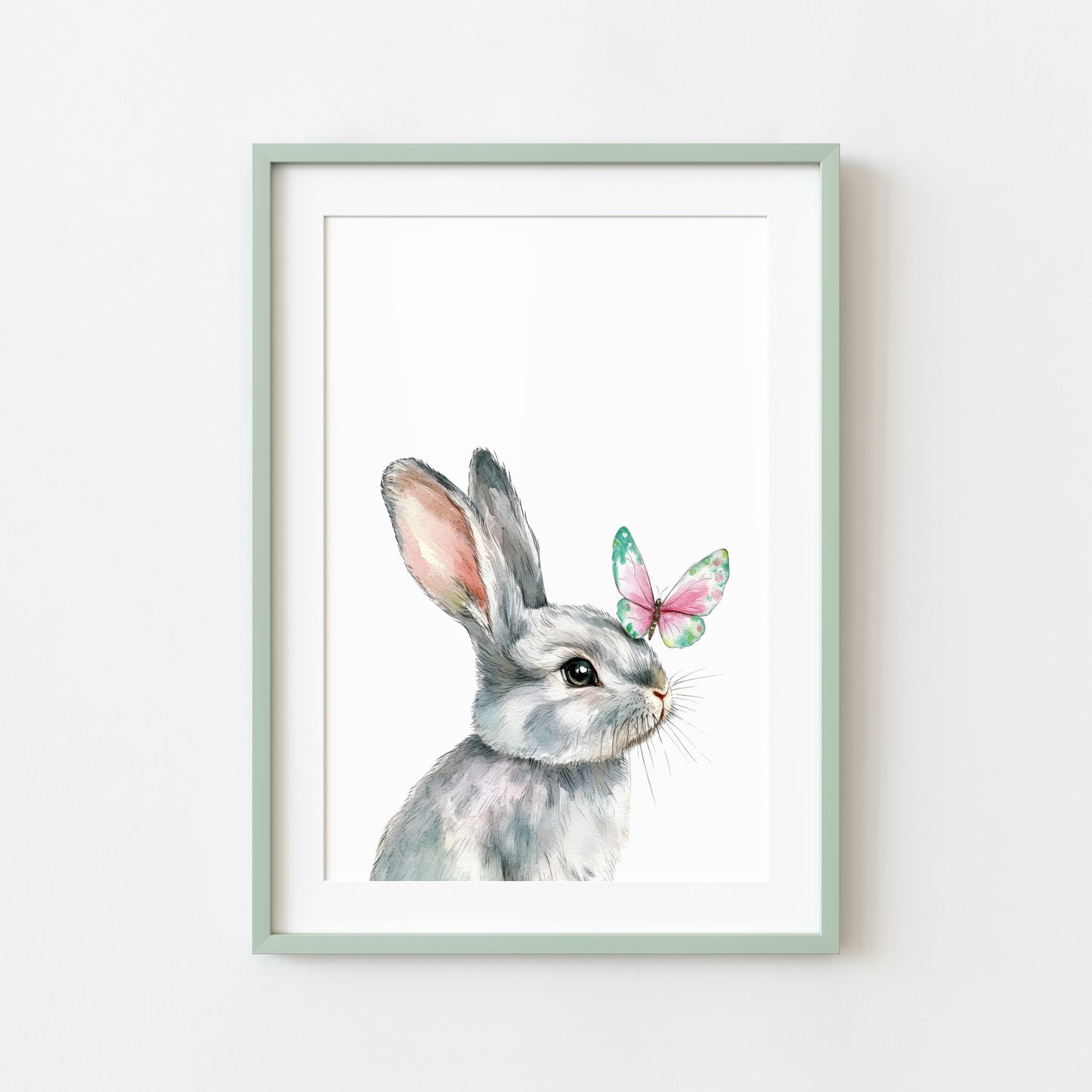 Spring Easter Bunny rabbit & butterfly pink and green animal seasonal spring home bedroom unframed wall art poster print