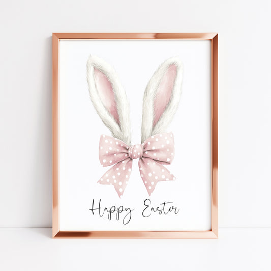 Happy Easter, Easter print, Easter bunny ears white & pink stripey cute bunny unframed wall art poster print