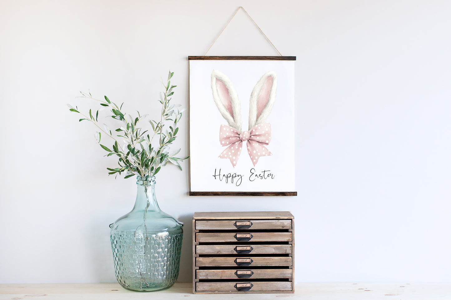 Happy Easter, Easter print, Easter bunny ears white & pink stripey cute bunny unframed wall art poster print