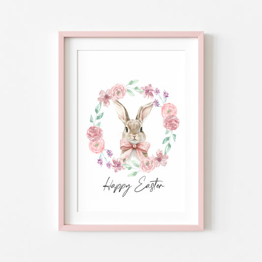 Happy Easter bunny floral wreath pink bow seasonal art spring home bedroom unframed wall art poster print, spring accessories, spring art