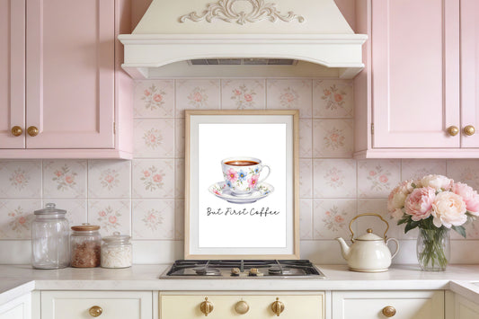 But First Coffee Print white floral cup Watercolour Kitchen Wall Art (Unframed)