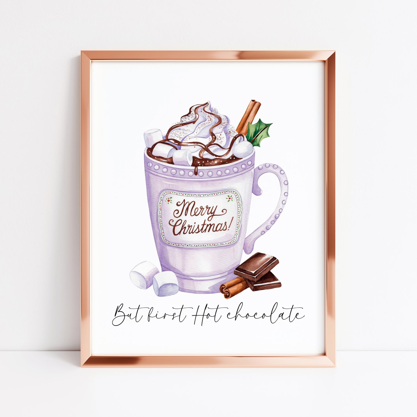 Hot Chocolate print but first Hot chocolate lilac purple Merry Christmas winter drinks cute unframed wall art poster print
