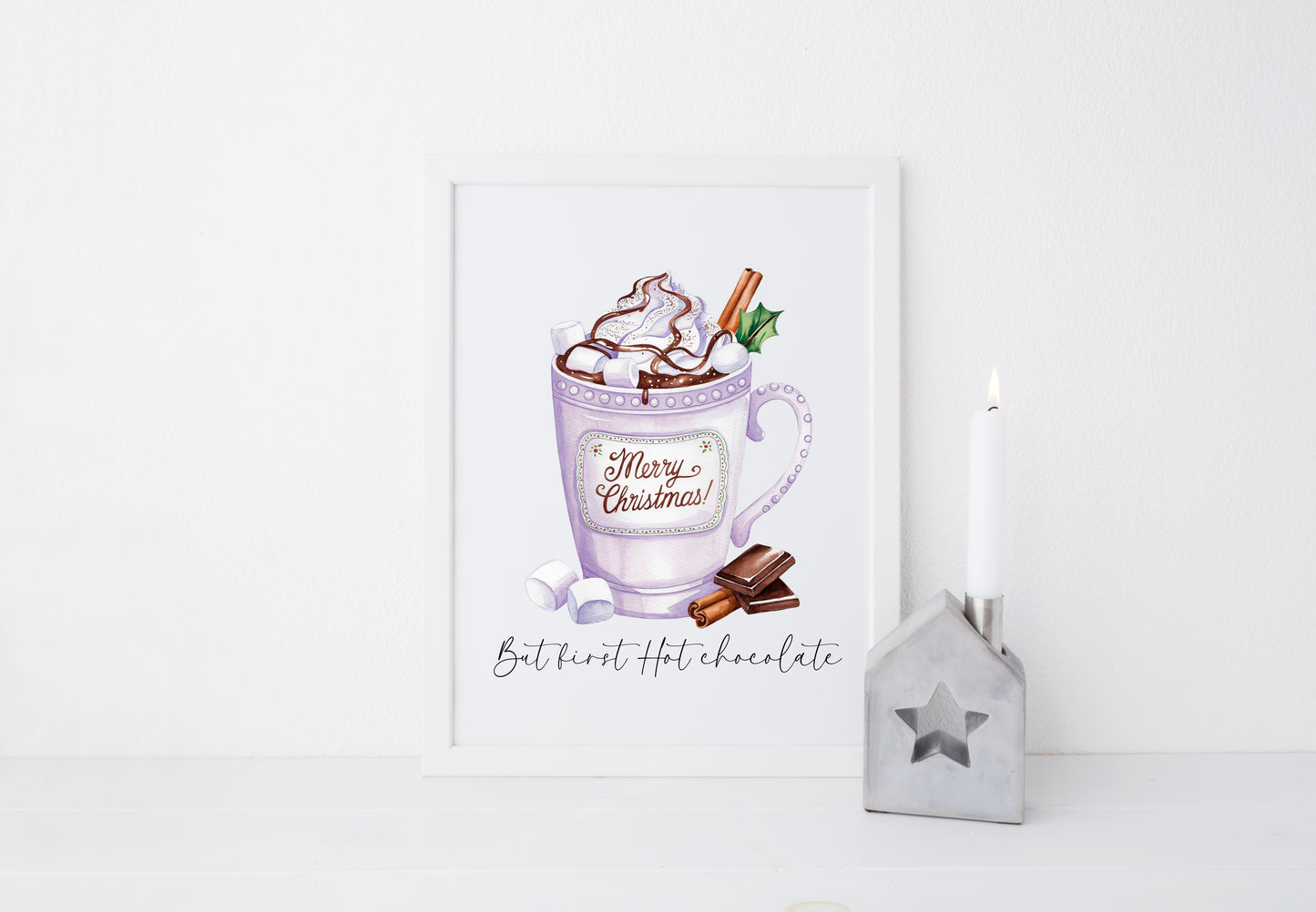 Hot Chocolate print but first Hot chocolate lilac purple Merry Christmas winter drinks cute unframed wall art poster print