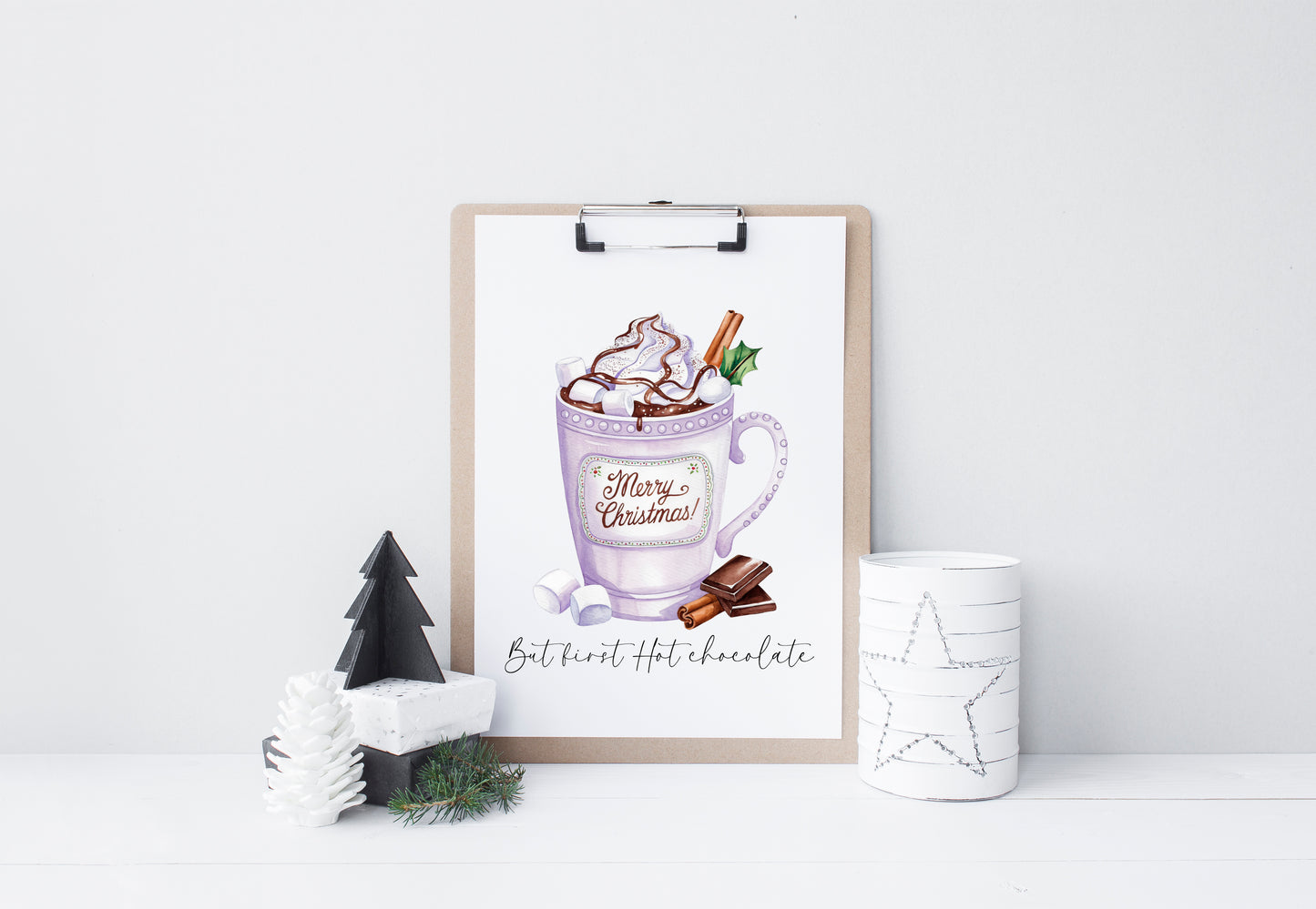Hot Chocolate print but first Hot chocolate lilac purple Merry Christmas winter drinks cute unframed wall art poster print