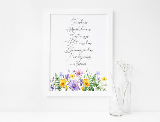Spring definition print, spring favourites, wildflower purple yellow green spring seasonal unframed wall art poster print