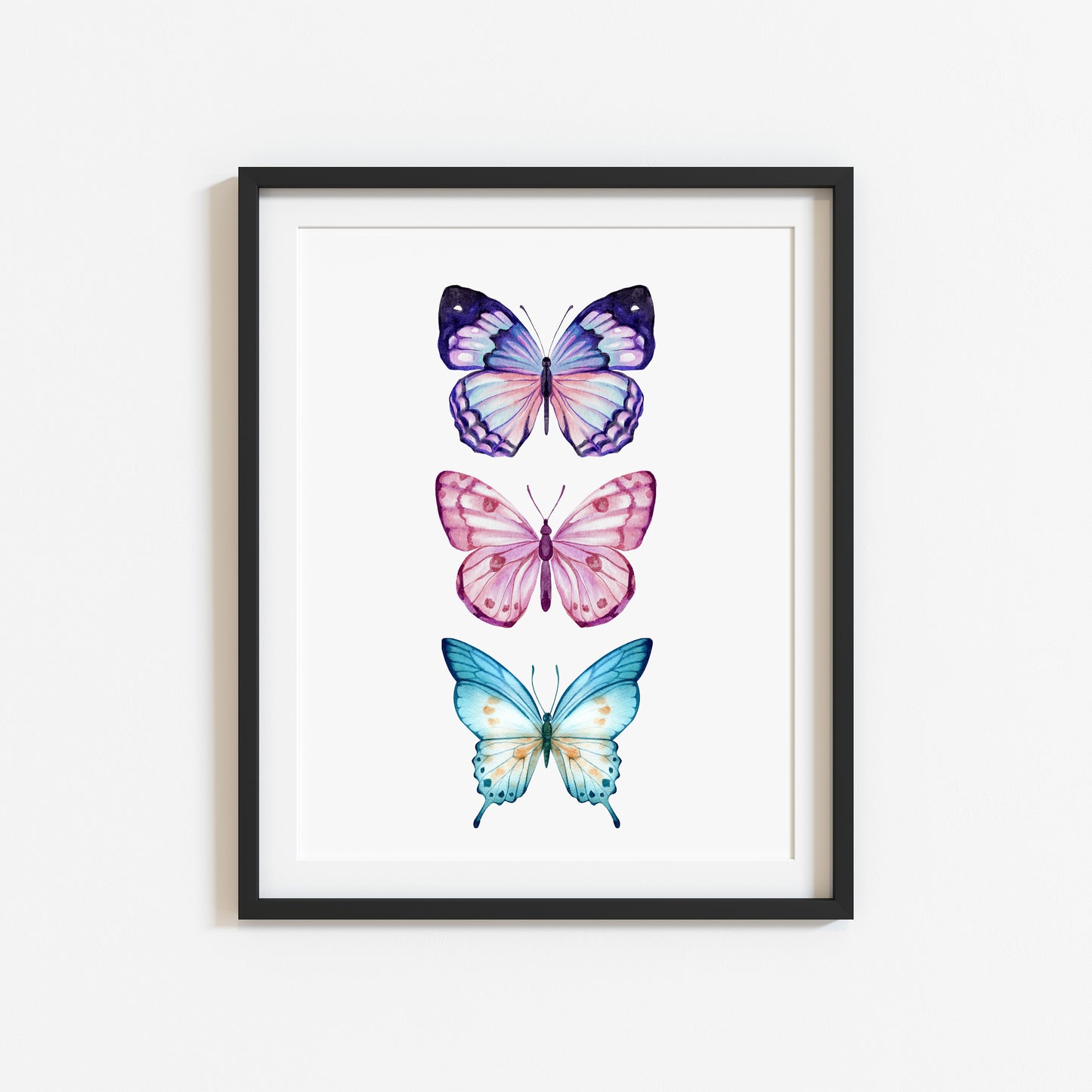 Butterfly print, trio of butterflies, blue purple pink watercolour bedroom unframed wall art poster print
