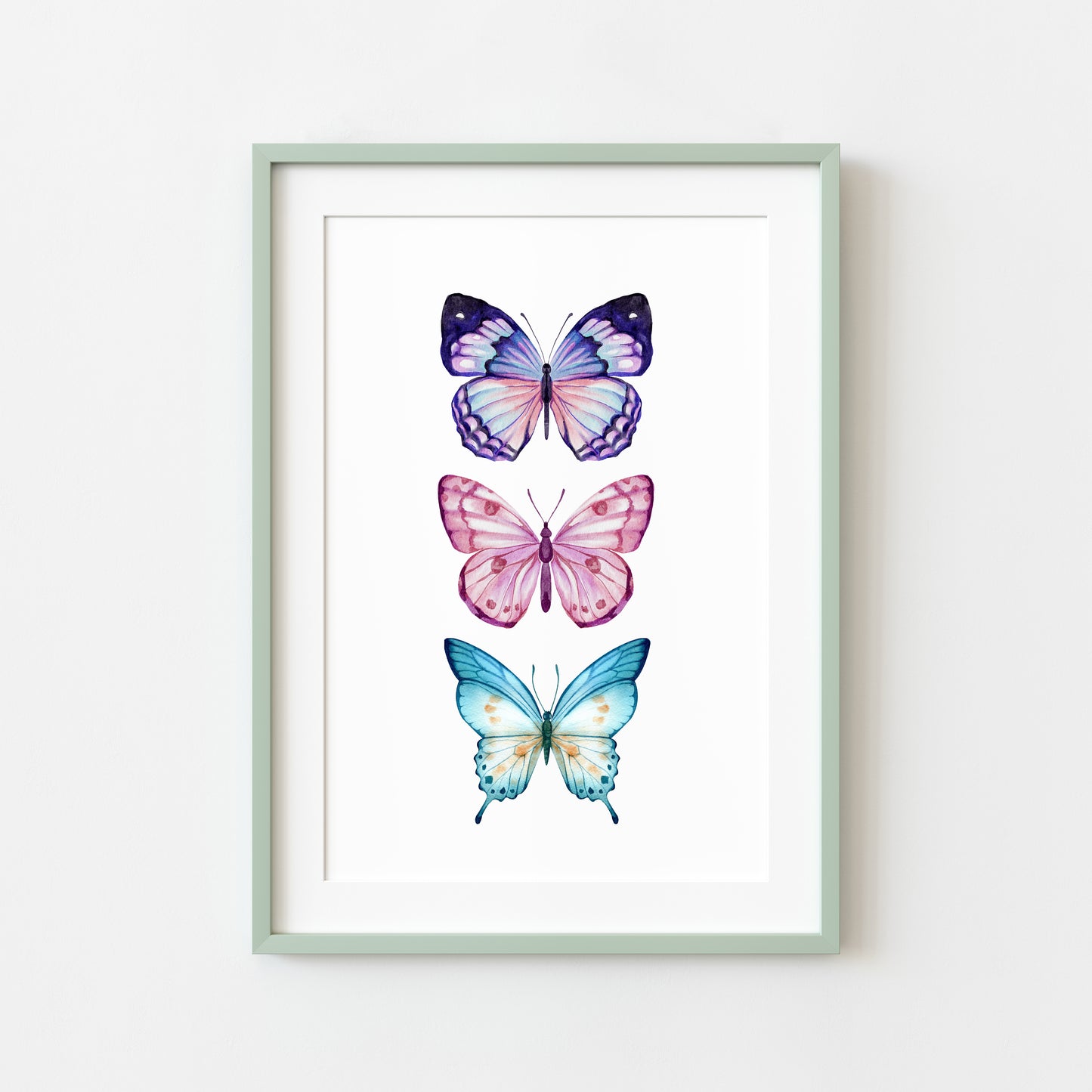 Butterfly print, trio of butterflies, blue purple pink watercolour bedroom unframed wall art poster print
