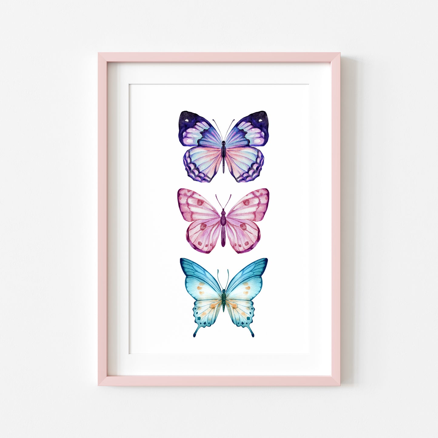 Butterfly print, trio of butterflies, blue purple pink watercolour bedroom unframed wall art poster print