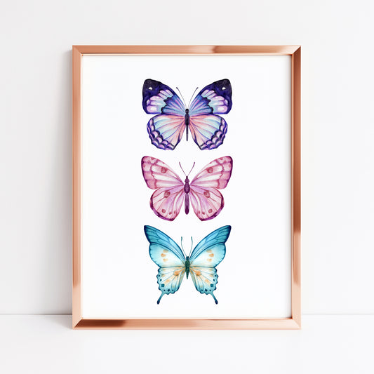 Butterfly print, trio of butterflies, blue purple pink watercolour bedroom unframed wall art poster print
