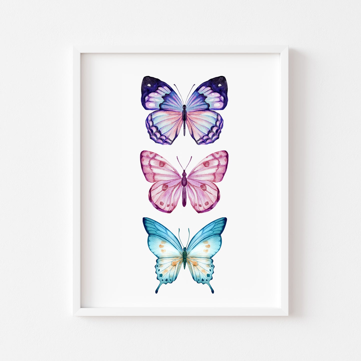Butterfly print, trio of butterflies, blue purple pink watercolour bedroom unframed wall art poster print
