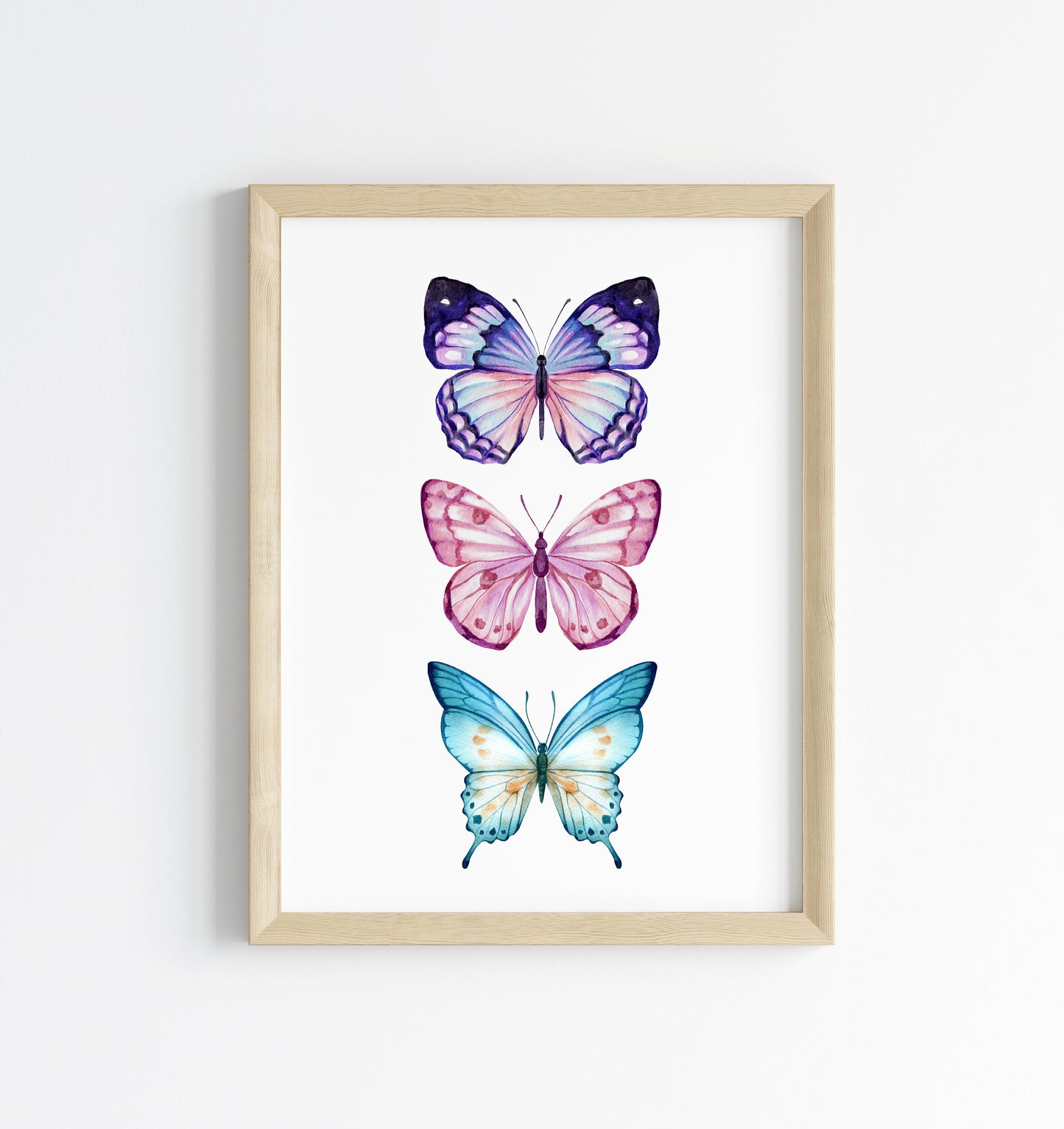 Butterfly print, trio of butterflies, blue purple pink watercolour bedroom unframed wall art poster print