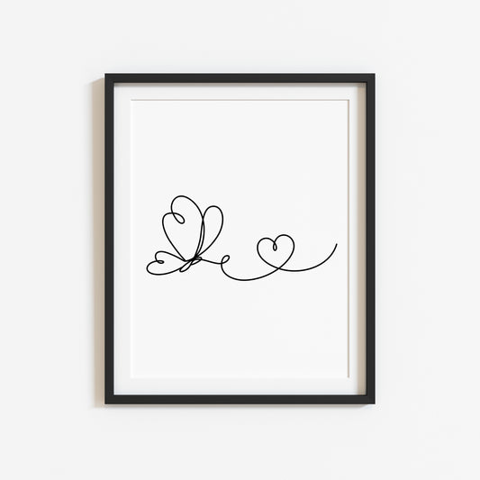 Butterfly heart line drawing Print Bedroom Poster unframed wall art