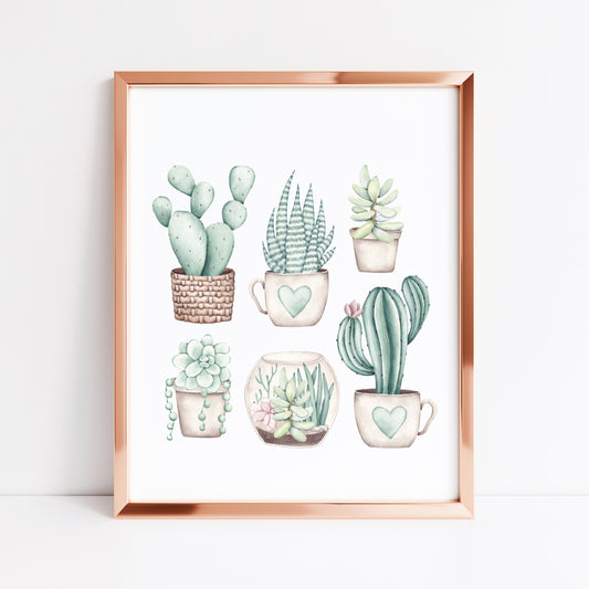 Plant illustration, cactus cacti succulents watercolour muted plant unframed wall art poster print, home prints, plant decor, plant wall art