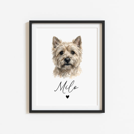Personalised Cairn Terrier Dog Print Custom Name Pet portrait watercolour unframed wall art