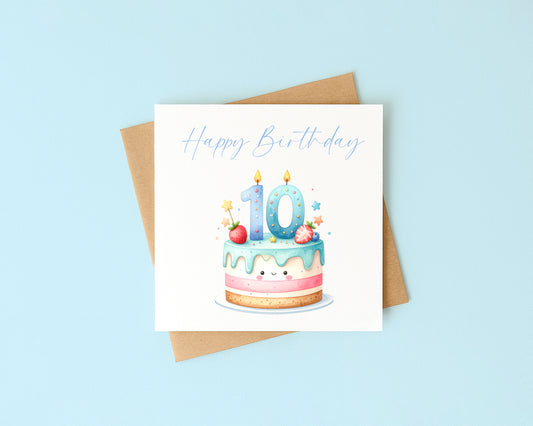 10th Birthday Card Blue Pink Yellow Cake Number 10 with Envelope
