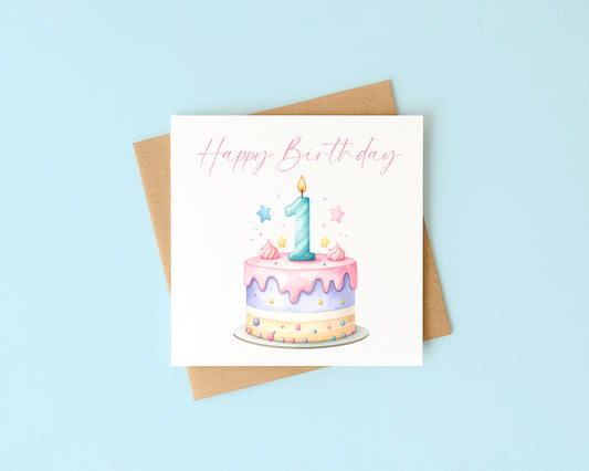 1st Birthday Card Pink, Blue, & Green Cake Number 1 with Envelope