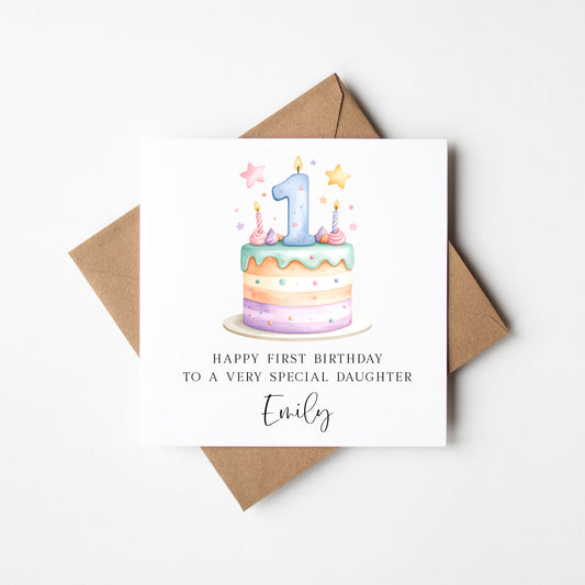 Personalised 1st Birthday Card Cake Number 1 pastel pretty cake kids card with Kraft brown envelope