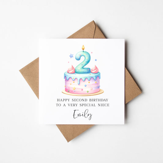 Personalised 2nd Birthday Card Cake Number 2 pastel pretty cake kids card with Kraft brown envelope