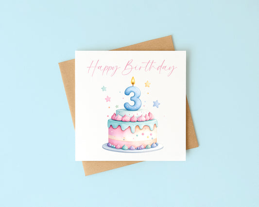 3rd Birthday Card Pink, Blue, & Green Cake Number 3 with Envelope