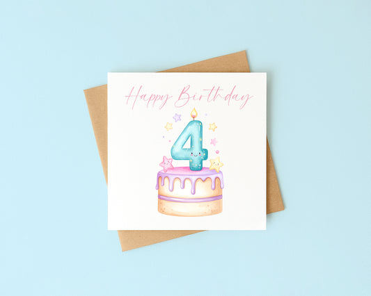 4th Birthday Card Pink, Blue, & Green Cake Number 4 with Envelope