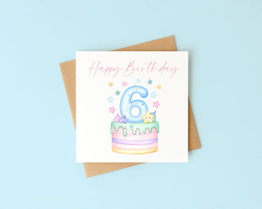 6th Birthday Card Pink, Blue, & Green Cake Number 6 with Envelope