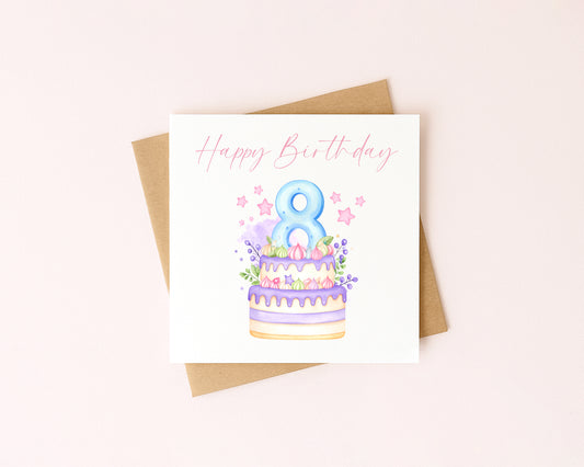 8th Birthday Card Pink, Blue, & Purple Cake Number 8 with Envelope