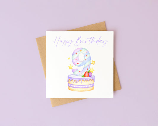 9th Birthday Card Pink & Purple Cake Number 9 with Envelope