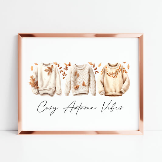 Cosy Autumn vibes watercolour fall cosy jumpers landscape seasonal unframed wall art poster print