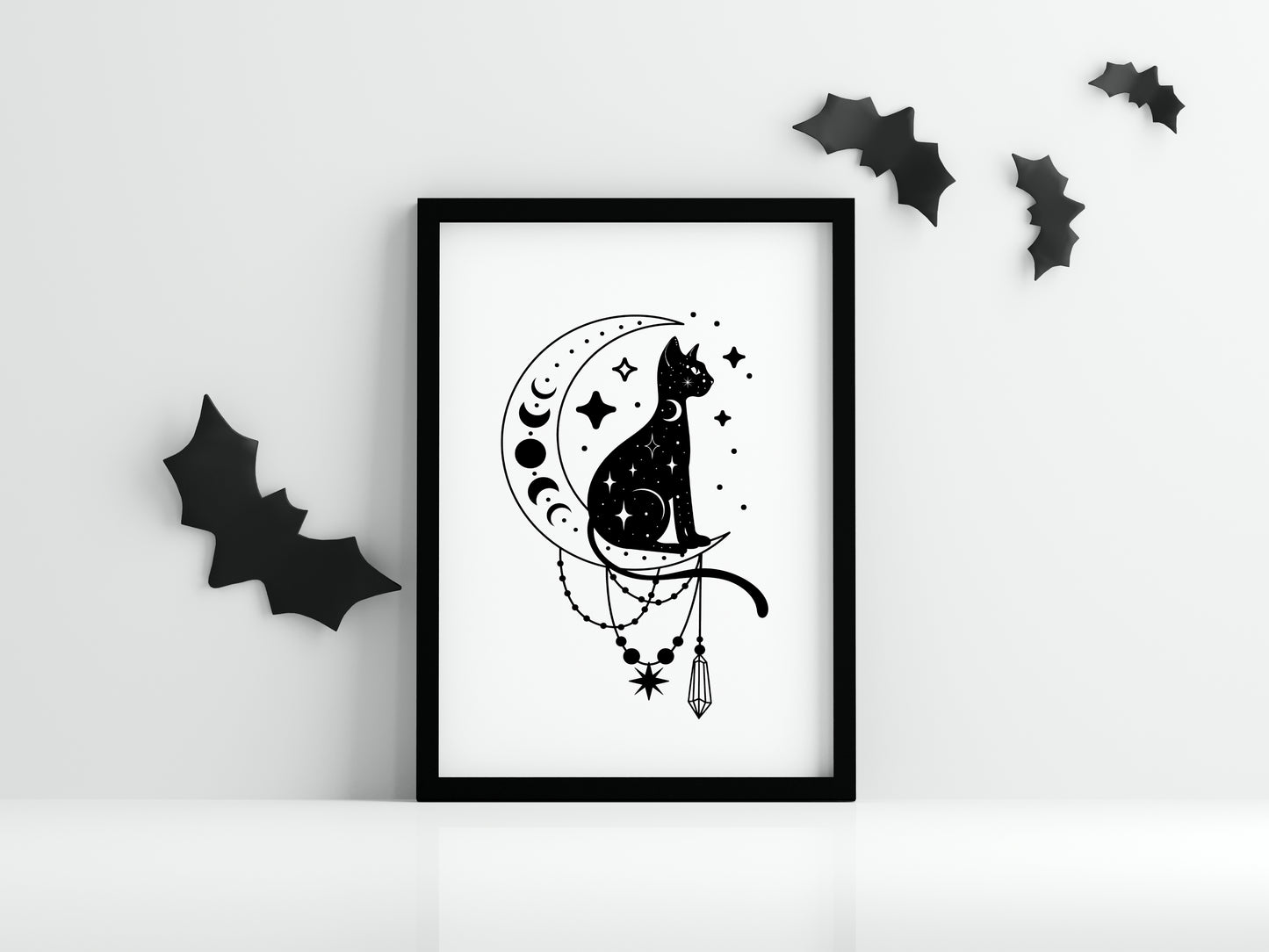 Halloween celestial cat moon phase crystal magical monochrome illustration unframed wall art poster print