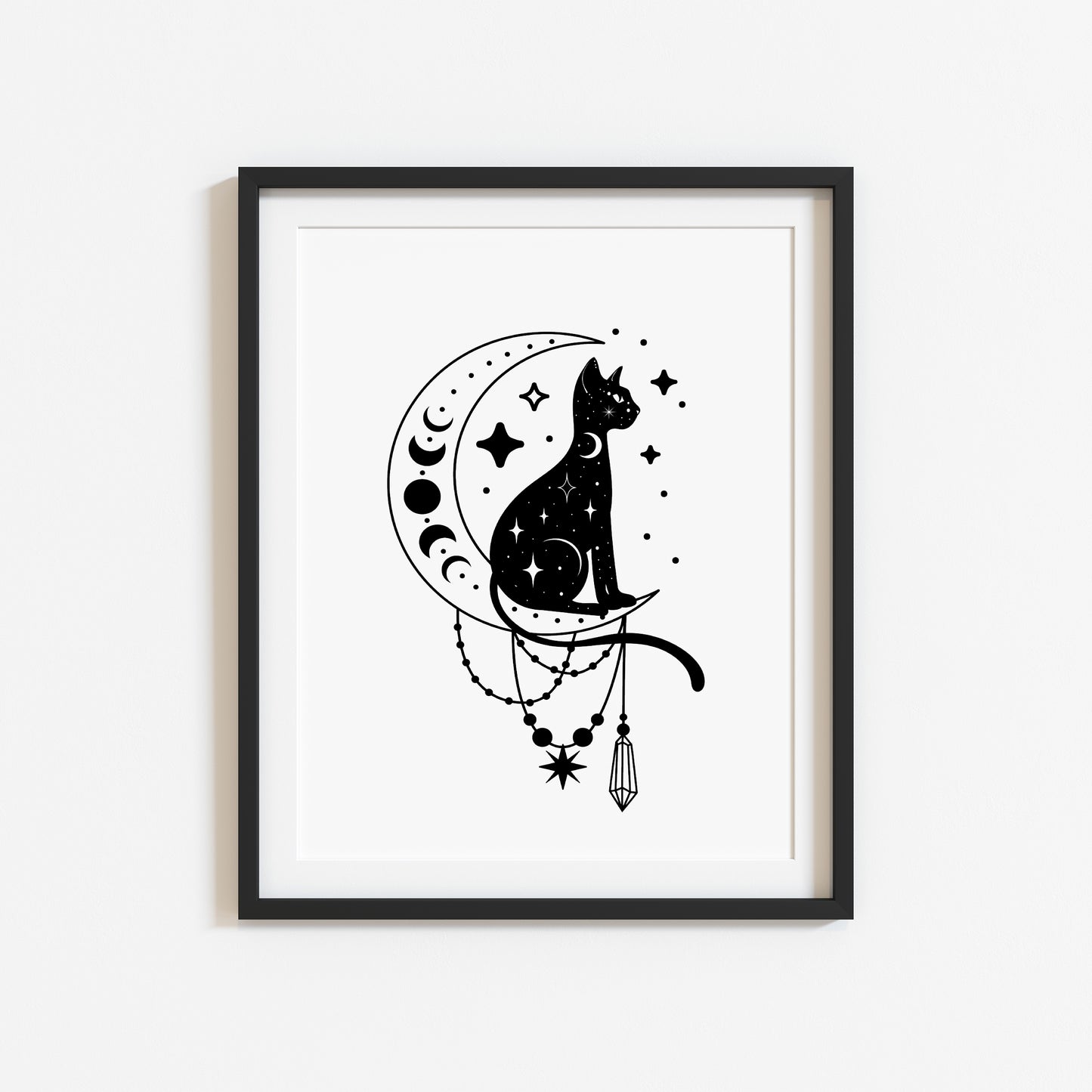 Halloween celestial cat moon phase crystal magical monochrome illustration unframed wall art poster print