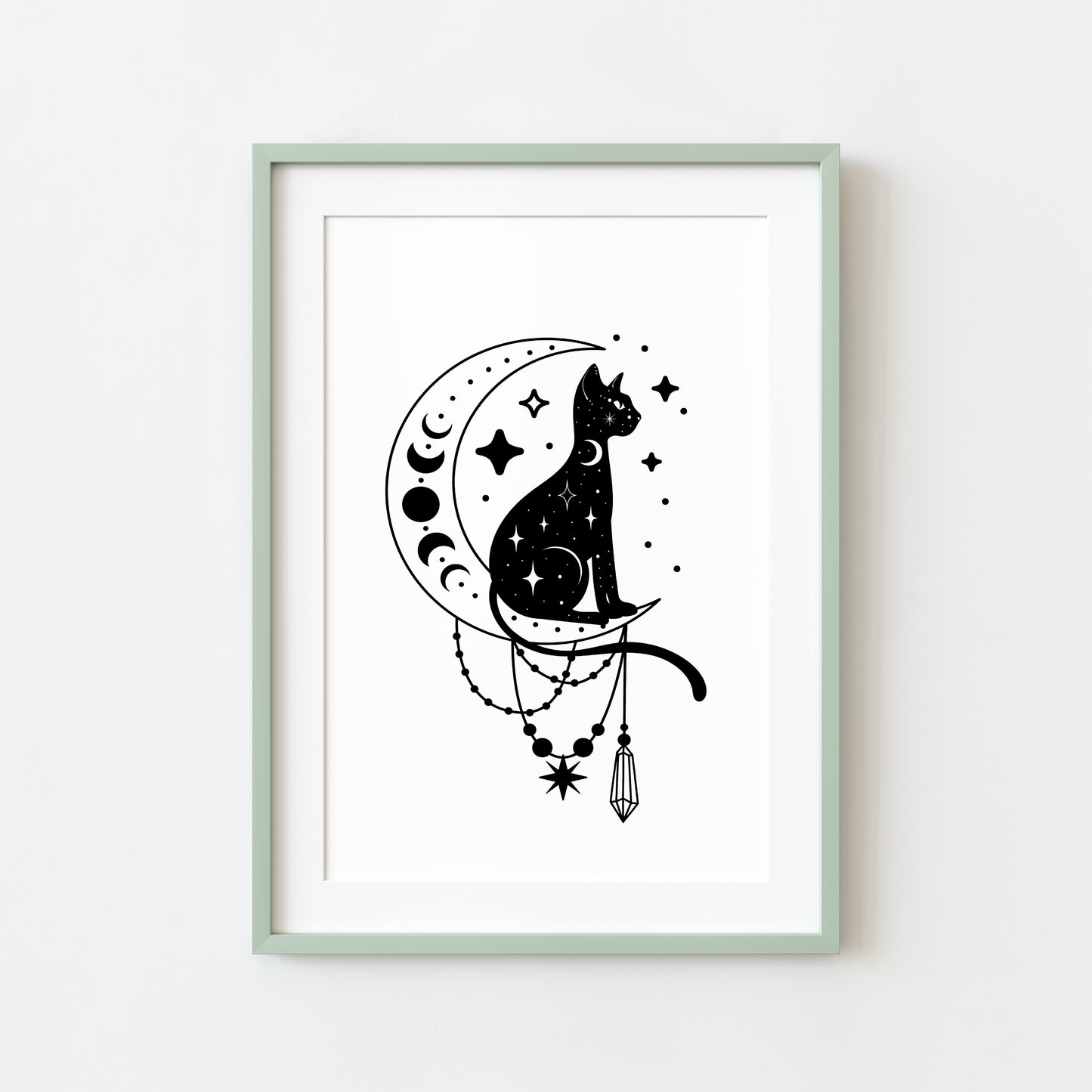 Halloween celestial cat moon phase crystal magical monochrome illustration unframed wall art poster print