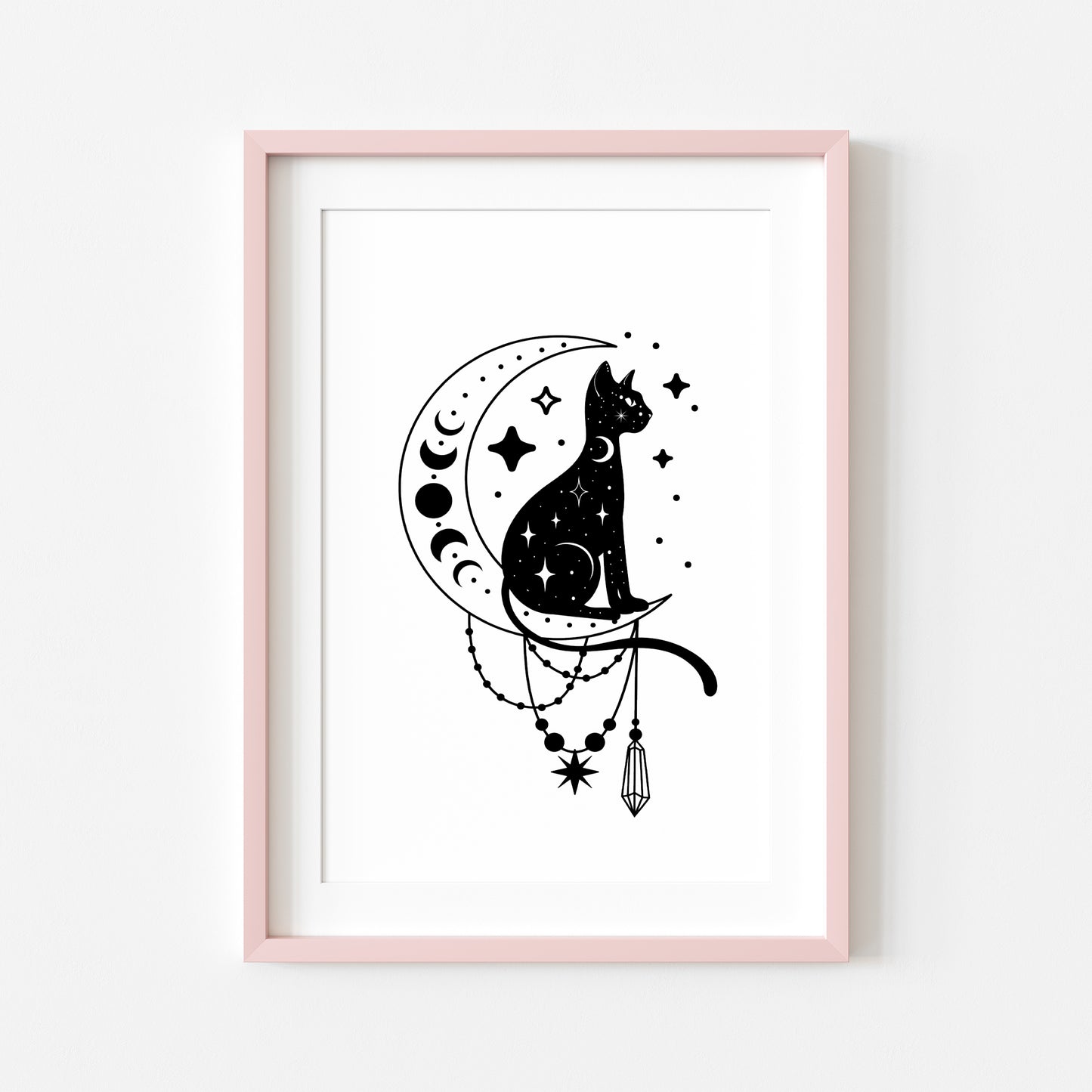 Halloween celestial cat moon phase crystal magical monochrome illustration unframed wall art poster print