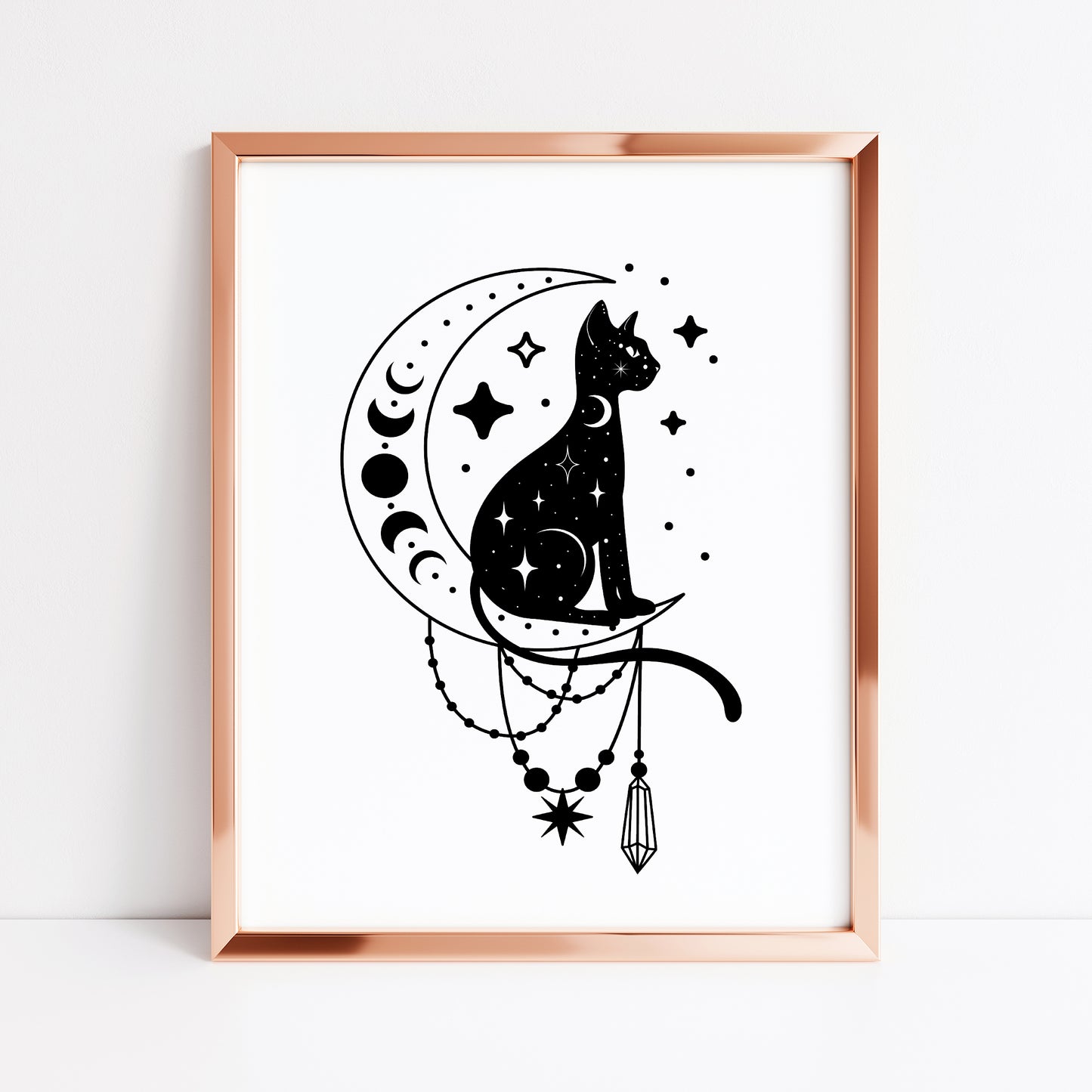 Halloween celestial cat moon phase crystal magical monochrome illustration unframed wall art poster print